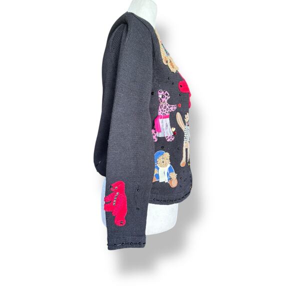 Vintage Susan Bristol Teddy Bear Applique Black Knit Cardigan Sweater Petite - Picture 2 of 13